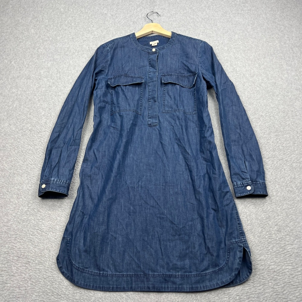 J.Crew Denim Shirt Dress Womens Small Blue Band Collar Pockets Long Sleeve F5528